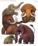  2019 age_difference ambiguous_gender beady_eyes black_eyes blue_eyes brown_body brown_fur cryptid-creations elephantid feral fur grey_body grey_fur group mammal mammoth proboscidean simple_background size_difference text tusks url white_background woolly_mammoth 