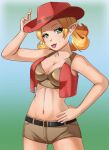  a_link_between_worlds beauty_mark belt blonde_hair breasts cleavage clothed clothing ear_piercing elf female gradient_background green_eyes hair hand_on_hip hat headgear headwear hi_res humanoid humanoid_pointy_ears hylian lips navel nintendo not_furry piercing pink_lips razorkun red_clothing red_hat red_headwear rupee_rush_gal short_pants simple_background slim slim_figure smile solo the_legend_of_zelda video_games 