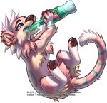  2021 alpha_channel ambiguous_gender baja_blast bottle claws digital_media_(artwork) drinking ear_tuft felid feline feral floating fur green_eyes jewelry mammal multicolored_body multicolored_fur open_mouth pawpads paws piercing pink_body signature smile solo teeth tuft zankraken 