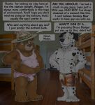  2021 anthro black_body black_nose brucebadger bulge canid canine canis clothing dalmatian domestic_dog duo english_text hat headgear headwear humanoid_hands male mammal slightly_chubby smokey_bear text underwear ursid white_body 