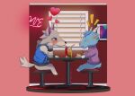 animal_crossing anthro blue_body blue_fur blush bovid canid canine canis caprine clothed clothing diner dinner duo fang_(animal_crossing) food fur goat grey_body grey_fur hi_res horn macwolfmutt male male/male mammal nintendo sherb_(animal_crossing) video_games wolf 