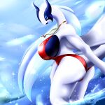  1:1 anthro big_breasts big_butt bludraconoid blue_eyes breasts butt calypso_(bludraconoid) curvy_figure female hair hi_res huge_breasts legendary_pok&eacute;mon lifeguard_swimsuit long_hair lugia nintendo pok&eacute;mon pok&eacute;mon_(species) solo video_games voluptuous white_body 