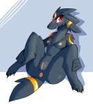  2021 anthro anus black_body black_fur blush breasts digital_media_(artwork) digitigrade ears_down eeveelution female fur genitals hi_res inget nintendo nipples nude pivoted_ears pok&eacute;mon pok&eacute;mon_(species) pussy red_eyes simple_background smile solo spread_legs spreading umbreon video_games 