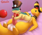  ampharos anal anal_penetration balls bed big_dom_small_sub blush bodily_fluids bow_tie cum digital_media_(artwork) dildo dominant duo erection fellatio feral fur furniture galv3z_(artist) galvez_(galv3z) genital_fluids genitals headgear hi_res lying male male/male male_penetrated mammal nintendo on_bed oral penetration penile penis pok&eacute;mon pok&eacute;mon_(species) quilava sex sex_toy size_difference video_games yellow_body 