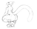  2021 anthro big_butt butt crouching digitigrade high_heels huge_butt looking_at_viewer looking_back looking_back_at_viewer male monochrome neck_tuft raptoral raptoral_(character) sergal simple_background sketch solo tuft white_background 