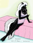  1999 anthro badger bed bernard_doove black_body black_fur breasts cleavage clothed clothing female fluffy fluffy_tail fur furniture hair honey_badger mammal mustelid musteline pink_fornax solo white_hair 
