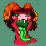  1:1 absurd_res anthro bodily_fluids bonnie_(ramerooni) bovid_horn caprine_horn digital_media_(artwork) dragon drooling fangs female freckles gaping_mouth green_eyes green_tongue hair hi_res horn long_tongue looking_at_viewer mouth_shot open_mouth pink_body pupils ram_horn ramerooni red_hair saliva saliva_on_tongue saliva_string scalie simple_background slit_pupils smile solo teeth teeth_showing throat tongue tongue_out 