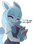  2021 anthro black_nose blue_body blue_ears blue_eyes blue_fur blue_hair blue_tail blush blush_lines book clothed clothing dialogue digital_media_(artwork) eeveelution english_text eyes_closed female fur glaceon hair hi_res holding_book holding_object humor looking_at_viewer nintendo pinkcappachino pok&eacute;mon pok&eacute;mon_(species) pok&eacute;morph pun school_uniform simple_background smile solo talking_to_viewer text uniform video_games white_background 