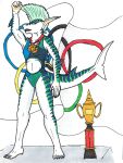  2020_tokyo_olympics anthro athlete award champion clothing female fin fish flag hi_res invalid_tag marine medal nyghtmar3 olympics raised_arm roxy shark solo standing tigershark traditional_media_(artwork) trophy winner 