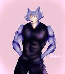  2021 absurd_res anthro beastars biceps bottomwear canid canine canis clothed clothing dylarts fur grey_body grey_fur hi_res legoshi_(beastars) male mammal muscular muscular_male pink_background scar signature simple_background solo textured_background topwear wolf 