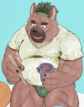  2021 anthro black_nose brown_body brown_fur bulge canid canine canis clothing cute_fangs domestic_dog fur kemono male mammal overweight overweight_male scar solo takakei1 tokyo_afterschool_summoners underwear video_games yasuyori 