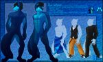  abs animal_genitalia anthro athletic balls blue_body blue_fur bottomwear clothed clothing digitigrade dj_wolf english_text fur fur_markings genitals male markings model_sheet nude pants sapphwolf sheath solo standing text topwear vest water_wolf 