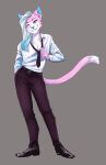  anthro belt blue_hair blue_nose boots bottomwear clothed clothing denim denim_clothing domestic_cat fangs felid feline felis flirting footwear fur hair hi_res jeans male mammal necktie pants pink_body pink_eyes pink_fur sharklock1 shirt simple_background skye_candifruu smile solo topwear untying white_body white_fur white_hair 