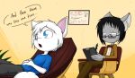  2017 anthro black_hair blue_eyes canid canine detailed_background dialogue digital_media_(artwork) domestic_cat duo english_text eyewear felid feline felis fingers fox fur glasses grey_body grey_fur hair inside logan_the_fox male mammal pen sandwich-anomaly scar simple_eyes sitting text therapist tongue van_(sandwich-anomaly) whiskers white_body white_fur white_hair 