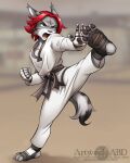  4:5 abluedeer anthro black_belt blue_eyes clothing digital_media_(artwork) felid feline footwear hair hi_res keikogi kick male mammal martial_arts_uniform red_hair shaded solo sportswear taryn_crimson 