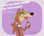  2021 anthro biped black_nose brown_body canid canine canis cellphone clothed clothing english_text hanna-barbera hat headgear headwear hi_res humanoid_hands it&#039;s_the_wolf jellystone_(hbo_max) male mammal mildew_wolf phone simple_background smartphone solo tarnydraws text tongue tongue_out wolf 