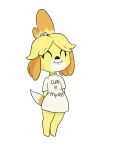  accessory alpha_channel animal_crossing anthro bell blush bottomless canid canine canis clothed clothing domestic_dog eyes_closed female fur hair_accessory hands_behind_back happy_harvey isabelle_(animal_crossing) mammal nintendo phone_drawing shirt shirt_only smile solo standing text text_on_clothing topwear topwear_only video_games wide_hips yellow_body yellow_fur 
