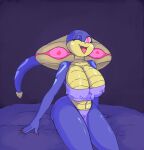  anthro bandeau bed big_breasts bottomwear breasts camille_(sauce-guy) cleavage clothed clothing cobra fangs female furniture hi_res loincloth looking_at_viewer nipple_outline on_bed one_eye_closed open_mouth reptile sauce-guy scalie sitting smile snake solo topwear wink 