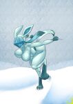  absurd_res anthro bangs big_breasts blue_body blue_eyes blue_fur bouncing_breasts breasts dewstar_(artist) eeveelution eyes_covered eyes_obscured female fur glaceon glowing glowing_eyes hair hair_over_eye hi_res nintendo one_eye_obstructed pok&eacute;mon pok&eacute;mon_(species) solo video_games weapon wide_hips 