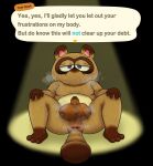  2021 animal_crossing anthro anus balls big_balls bodily_fluids brown_body brown_fur butt canid canine english_text fur genitals haven_(artist) hi_res humanoid_genitalia humanoid_hands humanoid_penis male mammal moobs musk nintendo nipples penis raccoon_dog slightly_chubby solo sweat tanuki text tom_nook_(animal_crossing) video_games 