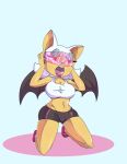  absurd_res anthro bat_wings bodily_fluids bottomwear camel_toe chiropteran clothing drooling female hi_res holding_head hypnosis kneeling mammal membrane_(anatomy) membranous_wings mind_control open_mouth rouge_the_bat saliva sauce-guy sega shirt shorts simple_background solo sonic_the_hedgehog_(series) tank_top topwear visor wings 
