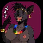  1:1 absurd_res anthro big_breasts bracelet breasts canid canine disney ear_piercing ear_ring eyes_closed female hi_res hirothedragon huge_breasts hyaenid jewelry laugh mammal necklace nipples nude open_mouth piercing shenzi solo the_lion_king 