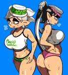  animal_humanoid big_breasts big_butt black_hair blue_background bodily_fluids bottomwear breasts butt callie_(splatoon) cephalopod cephalopod_humanoid clothing duo ear_piercing ear_ring female gym_bottomwear gym_clothing gym_shorts hair hat headgear headwear hotpants humanoid inkling marie_(splatoon) marine marine_humanoid midriff mollusk mollusk_humanoid navel nintendo piercing pseudo_hair shirt shorts simple_background splatoon squid_sisters_(splatoon) sweat tan_body tan_skin tank_top tentacle_hair tentacles topwear video_games white_hair yellow_eyes yuta_agc 