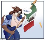  absurd_res anthro big_breasts breasts brown_hair canid canine canis cleavage clothed clothing dialogue domestic_dog english_text female flag hair hi_res mammal maria_(pancarta) markings mature_female mexican_flag mole_(marking) pancarta police text url 