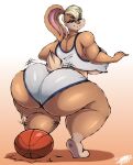  2021 absurd_res anthro ball basketball_(ball) bedroom_eyes big_breasts big_butt blonde_hair blue_eyes bottomwear breasts butt clothing female hair hi_res huge_butt hype lagomorph leporid lola_bunny looking_at_viewer looney_tunes mammal narrowed_eyes rabbit seductive shorts solo superix topwear under_boob warner_brothers 