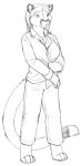  anthro chakona_space clothed clothing cougar dipstick_tail felid feline female fur greyscale hair herm_(lore) mammal monochrome multicolored_tail rick_griffin solo stargazer_(goldfur) 
