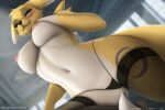  2021 3:2 anthro bandai_namco bedroom_eyes big_breasts blue_eyes blush breasts camel_toe clothed clothing conditional_dnp curvaceous curvy_figure digimon digimon_(species) dipstick_tail english_text erect_nipples female fluffx hand_on_breast leggings legwear legwear_only looking_at_viewer looking_down low-angle_view markings mostly_nude multicolored_tail narrowed_eyes nipples panties patreon renamon seductive skimpy smile solo stockings stockings_only text topless topless_anthro topless_female underwear url voluptuous 