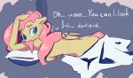  anthro bed_sheet bedding blush breasts dialogue drafthoof embarrassed english_text equid equine female fluttershy_(mlp) friendship_is_magic hasbro hi_res looking_back lying mammal my_little_pony nude pegasus pillow side_boob side_view simple_background solo text wings 