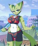  absurd_res anthro bottomwear bra carol_tea city cityscape clothing detailed_background domestic_cat felid feline felis female freakyed freedom_planet freedom_planet_2 hi_res mammal outside pinup pose shorts smile solo underwear video_games wildcat 