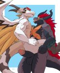  2021 anthro anthro_on_anthro anus balls barely_visible_anus bedroom_eyes carrying carrying_partner chibi_panda_(buddyfight) colored demon_lord_dragon_batzz dragon duo future_card_buddyfight genitals hair hi_res horn humanoid_genitalia humanoid_penis imminent_anal imminent_sex long_hair male male/male muscular muscular_anthro muscular_male narrowed_eyes negger penis red_hair scar seductive sex stand_and_carry_position standing standing_sex teasing tongue tongue_out wings 