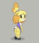  accessory animal_crossing anthro bell blush bottomwear butt canid canine canis clothed clothing clothing_lift domestic_dog female footwear hair_accessory hairband happy_harvey inconvenient_tail isabelle_(animal_crossing) looking_at_viewer looking_back mammal nintendo no_underwear phone_drawing raised_bottomwear raised_clothing raised_skirt shoes skirt skirt_lift solo upskirt video_games 
