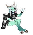  absurd_res anthro antlers bottomwear breasts cervid clothing collar crop_top cutoffs denim denim_clothing digital_drawing_(artwork) digital_media_(artwork) ear_piercing english_text female fur gesture green_body green_fur grey_hair gutter-bunny hair hi_res hooves horn long_hair mammal markings minty_roots piercing punk shirt shorts simple_background skateboard skater solo spots spotted_markings text tomboy tongue tongue_out topwear white_background wristband 