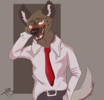  aggressive_retsuko anthro blush brown_eyes clothing dress_shirt fur haida hyaenid male mammal multicolored_body multicolored_fur necktie red_necktie red_tongue sanrio shirt solo tongue topwear two_tone_body two_tone_fur vailwolf 