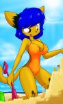  2017 anthro beach big_breasts black_body black_fur blue_hair bodily_fluids breasts brown_body brown_eyes brown_fur cleavage clothed clothing curvy_figure detailed_background digital_media_(artwork) domestic_cat doom_(series) felid feline felis female fingers fur hair hi_res id_software kneeling mammal multicolored_body multicolored_fur one-piece_swimsuit outside sand_castle sandwich-anomaly sculpture sea seaside shovel side_boob smile solo sweat swimwear thick_thighs tongue tongue_out tools video_games voluptuous water zamie_(zamiecat) 
