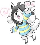  blush canid canine clothed clothing felid feline fur hair mammal open_mouth simple_background tem temmie_(undertale) text topwear undertale video_games white_body white_fur 