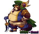  2021 alpha_channel anthro belly brown_body brown_fur canid canine clothed clothing cosplay elazul_(legend_of_mana) fur gyobu hat headgear headwear humanoid_hands kemono legend_of_mana male mammal mana_(series) moobs nanadragon4 navel overweight overweight_male raccoon_dog scar simple_background solo square_enix tanuki tokyo_afterschool_summoners transparent_background video_games weapon 