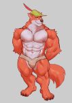  4_toes adios anthro biceps big_muscles black_claws black_nose bulge canid canine claws clothing disney feet fox fur hat headgear headwear hi_res looking_at_viewer male mammal multicolored_body multicolored_fur muscular muscular_anthro muscular_male neck_tuft nipples pink_nipples plantigrade red_body red_fur robin_hood robin_hood_(disney) simple_background smile solo standing toes tuft two_tone_body two_tone_fur underwear white_body white_fur 