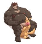  2021 absurd_res anthro balls belly big_belly black_body black_fur blush brown_body brown_fur butt canid canine canis clothing domestic_dog duo erection fur genitals hat headgear headwear hi_res jumperbear kemono male male/male mammal moobs musclegut nipples overweight overweight_male penis simple_background sitting size_difference ursid white_background 