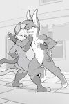  2021 2:3 anthro blitz_(pit_fighters) buckteeth building butt clothes_line clothes_pin clothing conditional_dnp didelphid digital_media_(artwork) door duo ear_piercing fingerless_gloves gloves greyscale handwear hi_res kinny_(pit_fighters) lagomorph laundry leporid male mammal marsupial monochrome nude open_mouth outside piercing pit_fighters qualzar rabbit teeth virginia_opossum window 