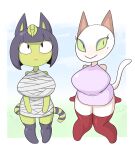  animal_crossing ankha_(animal_crossing) anthro big_breasts blush bodily_fluids breasts clothed clothing domestic_cat duo featureless_feet felid feline felis female frown fufucatu hands_behind_back legwear looking_at_viewer mammal nintendo olivia_(animal_crossing) simple_background smile stockings sweat video_games 