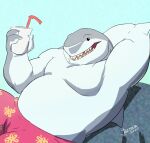  absurd_res anthro clothing colored dc_comics harley_quinn_(series) hi_res jazcabungcal king_shark male obese overweight pecs shirtless slightly_chubby smile solo swimming_trunks swimwear 
