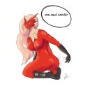  anthro blaziken breasts butt feet female hi_res humanoid kneeling looking_at_viewer looking_back nintendo nipples nude pok&eacute;mon pok&eacute;mon_(species) poppy&#039;s69 red_body signature simple_background solo spanish_text speech_bubble text translated video_games white_background 