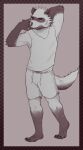  2021 absurd_res anthro biped bottomwear clothing dave_(password) hi_res humanoid_hands hyaenid male mammal password_(visual_novel) shirt shorts solo striped_hyena szremna topwear video_games visual_novel 