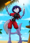  2017 alcohol anthro beach beverage big_breasts blue_body blue_hair blue_scales breasts clothing curvy_figure detailed_background digital_media_(artwork) eyelashes feet female fingers fish hair headphones hi_res huge_breasts jacket marine multicolored_body multicolored_scales one-piece_swimsuit red_eyes sandwich-anomaly scales sea seaside shark smile solo standing swimwear teeth thick_thighs toes topwear vodka voluptuous water white_body white_scales xaenyth_(character) 