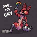  1:1 absurd_res animal_genitalia balls colored exposed_endoskeleton eye_patch eyewear five_nights_at_freddy&#039;s foxy_(fnaf) genitals glowing glowing_eyes glowing_genitalia hi_res hook_hand lgbt_pride machine male pride_color_accessory pride_colors rainbow_flag rainbow_pride_flag rainbow_symbol red_body red_eyes robot sharp_teeth sheath signature six-stripe_rainbow_pride_colors solo teeth text the_xing1 video_games 