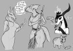  2021 anthro anubian_jackal argonian bapho_(keadonger) baphomet_(deity) bethesda_softworks beverage black_sclera bovid breasts broom canid canine canis caprine caprine_demon cleaning_tool coffee coffee_mug deity demon english_text female feral floating_crown goat_demon grey_background grin group hi_res horn jackal keadonger knife male mammal monochrome pentagram scalie simple_background smile text the_elder_scrolls video_games wide_eyed 